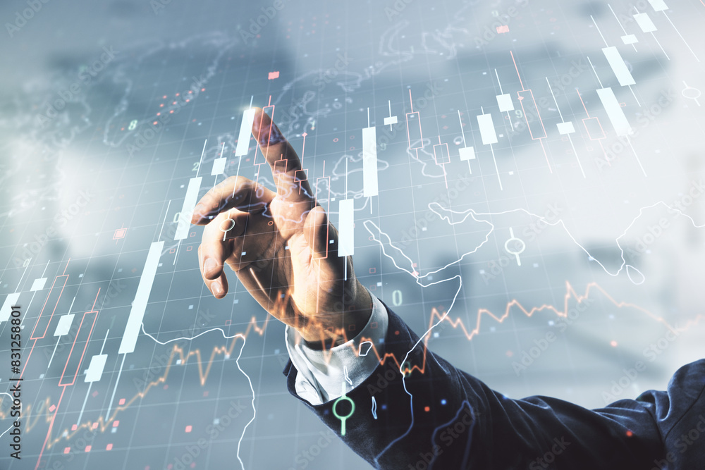 Poster multi exposure of man hand working with abstract financial diagram and world map on blurred office b