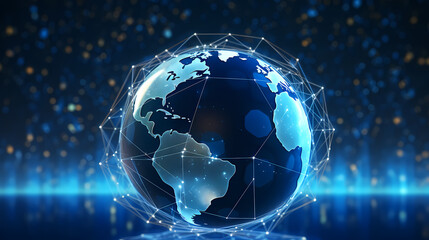 Obraz premium Abstract digital blue earth with glowing connections and lines on dark background