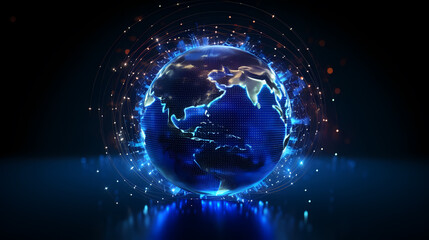 Obraz premium Abstract digital blue earth with glowing connections and lines on dark background