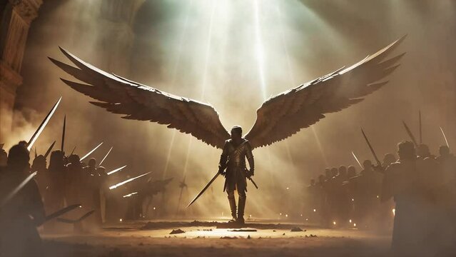 Angelic Being with Sword Surrounded by Enemies 4K features an A.I. generated video of an angelic being with wings outstretched holding a sword with hordes of enemies surrounding him holding weapons.