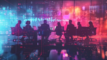 Business meeting with team discussing tax strategies, side view, showing collaboration and planning, digital binary as object, Splitcomplementary color scheme