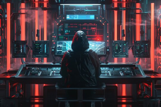 Hacker fighter at a terminal with encrypted data, front view, symbolizing strong cyber protection, futuristic tone, Complementary Color Scheme
