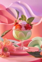 Refreshing pink and green cocktail with strawberries and mint garnish in artistic setting