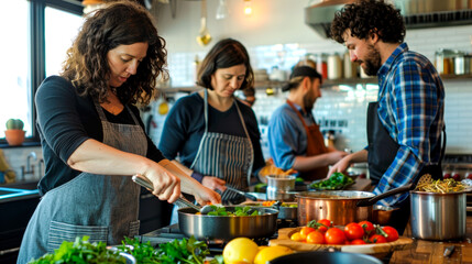 Group cooking class participants preparing food in modern kitchen together.