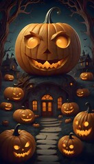 Fototapeta premium Spooky Halloween scene featuring carved pumpkin lanterns, with glowing eyes and mouth, set against haunted houses with lit windows, full moon, and bats flying in the night sky, Generative AI.