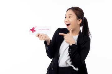 Portrait happiness beautiful young asian businesswoman showing and present gift voucher or coupon...