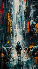 Fototapeta premium Lone figure navigating the rainy streets of a vibrant city at night