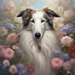 Fototapeta premium border collie puppy with flowers, painting of a dog surrounded by flowers