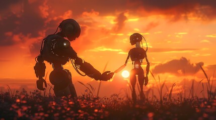 Obraz premium There is a man and a robot standing in a field of flowers with a sunset in the background. The sky is orange and red, and there are clouds in the sky. The robot is holding hands with the man.