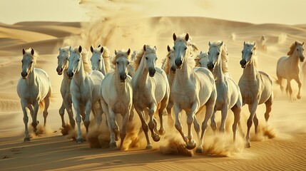 A free herd of Arabian horses runs in the desert 