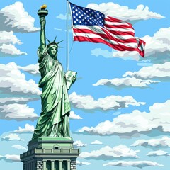 A realistic image of the Statue of Liberty, with the American flag waving proudly behind it. The focus is on the statue's iconic figure, with the flag in the background, capturing a sense of American