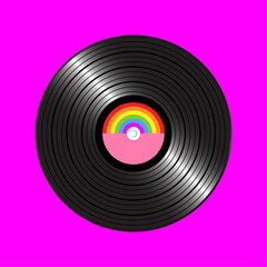 Long play vinyl record with rainbow half LGBT in the middle. Vector isolated on pink background.