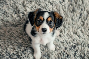 Cute tricolor puppy sitting attentively on a soft grey shag rug, looking upwards