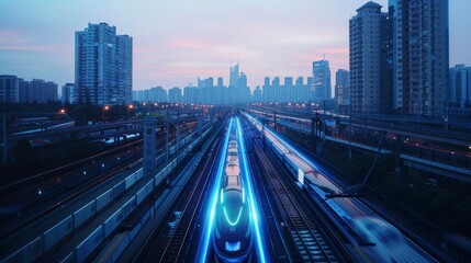high speed train in a city with sweeping effect at night