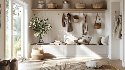 Scandinavian entrance hall with organized storage, natural light, clean lines, and cozy textiles