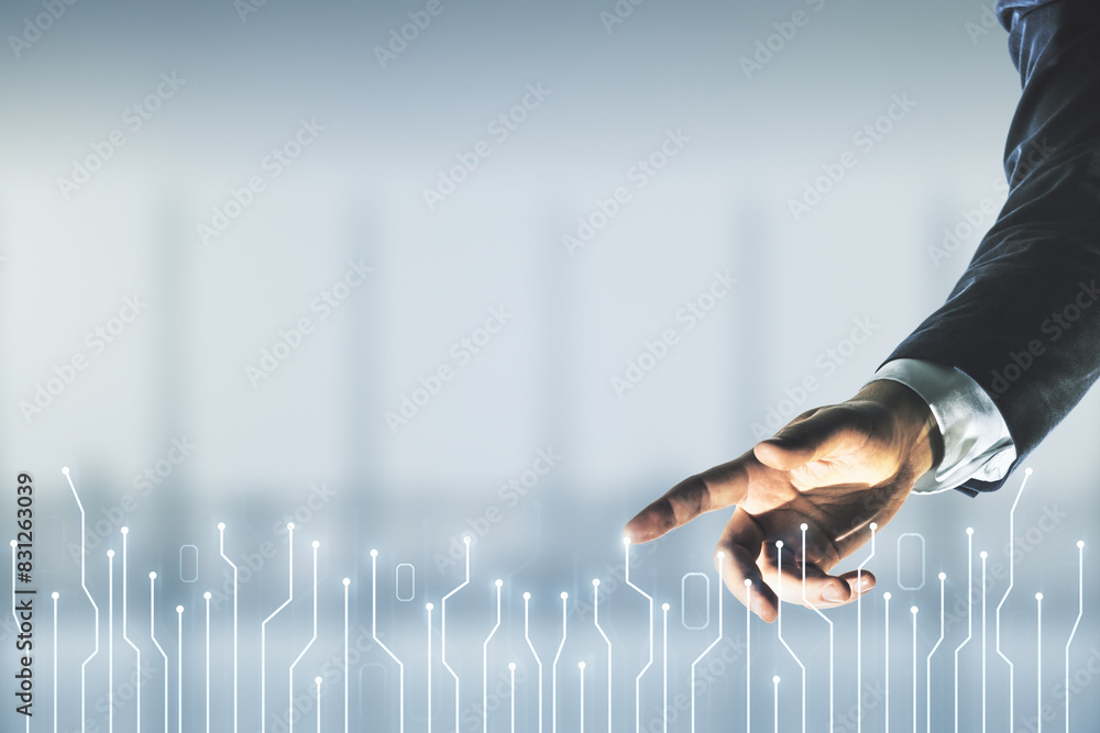 Poster Male hand clicks on abstract virtual micro circuit sketch on blurred office background, future technology and AI concept. Double exposure
