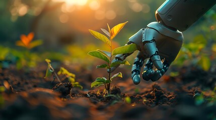 A robot's hand reaches down to tend to a small sapling in a dirt field. The sun is setting in the background.