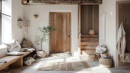 Scandinavian entrance hall with wooden accents, simple decor, natural light, and minimalist furniture