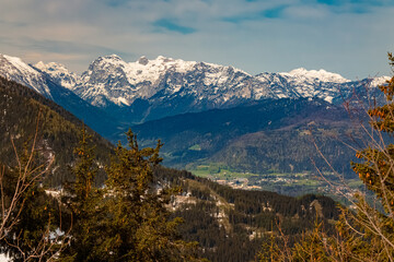 Alpine spring view with the alps in the background at the famous Rossfeld panorama road near Berchtesgaden, Bavaria, Germany