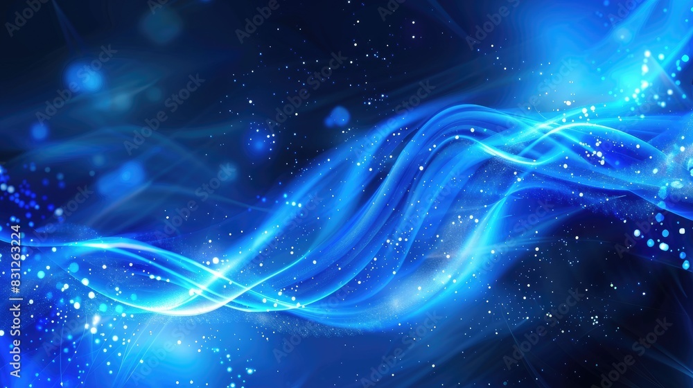 Poster blue particle curve background with a hi-tech, futuristic design, featuring glowing abstract lines a