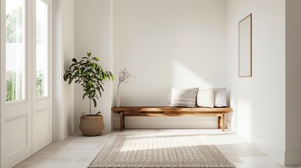 Scandinavian entrance hall with minimalist design, wooden bench, white walls, and natural light