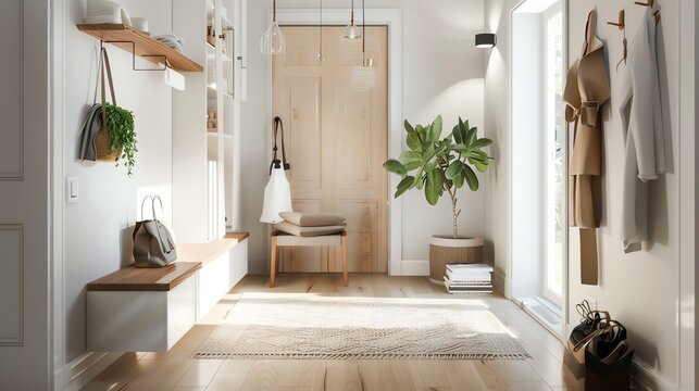 Scandinavian entrance hall with sleek storage solutions, bright lighting, and wooden details