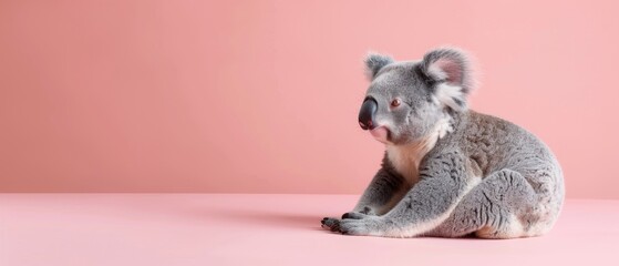 Adorable koala with blank copyspace on a pastel pink background