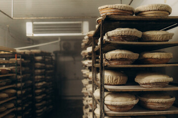 a lot of bread in the refrigerator at the bakery