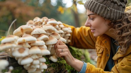 Woman admiring the growth of shimeji mushrooms on logs in her backyard garden, showcasing the ease and beauty of homegrown mushroom cultivation