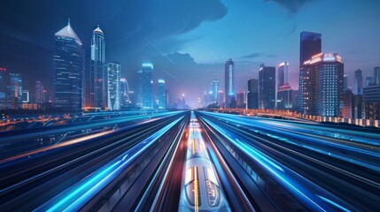 High-speed train in a city with a sweeping night effect in high resolution and high quality. futuristic concept