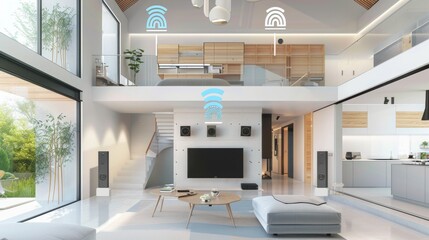 Wireless multi-room speaker system in a modern house, showing speakers in different rooms and the seamless connectivity for whole-home audio