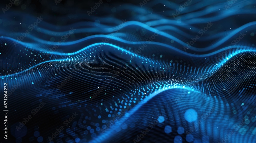 Poster blue hi-tech future background with swirling particle curves, creating a modern and abstract visual 
