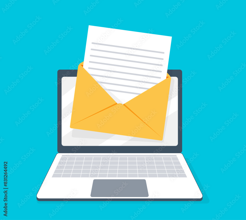 Poster open envelope on the screen laptop. sending and receiving emails. email message. messaging
