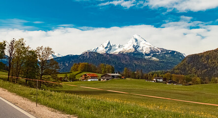Alpine spring view with Mount Watzmann in the background near Bischofswiesen, Berchtesgadener Land,...