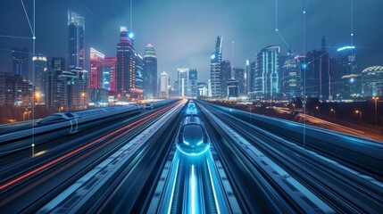 Fototapeta premium High-speed train in a city with a sweeping night effect in high resolution and high quality. futuristic concept, innovation, digital