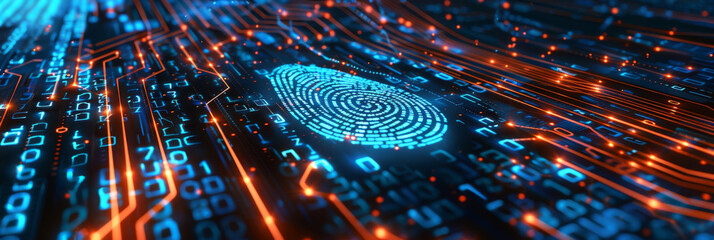 Encoded Cyber Fingerprint. Futuristic digital fingerprint surrounded by binary code on illuminated circuit board.