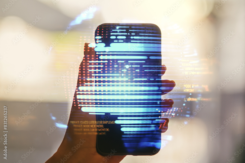 Poster abstract creative coding concept with world map and hand with phone on background. multiexposure
