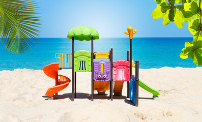 Kid beach playgrounds on tropical beach, outdoor activity, summer outdoor day light