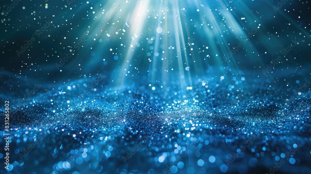 Poster blue glitter particles falling in a continuous loop, illuminated by delicate light rays for an encha