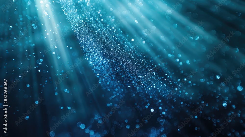 Poster blue glitter particles falling in a continuous loop, illuminated by delicate light rays for an encha