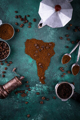 Grounded coffee and beans from South America
