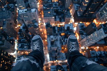 a person's feet above a city
