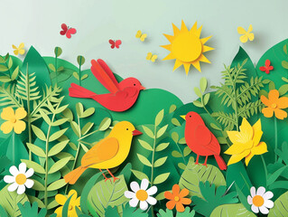 A colorful paper collage of a spring sunny day with birds and butterflies. The background of blooming flowers. Cheerful and happy mood.