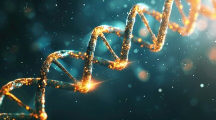 Golden DNA Helix with Sparkling Particles on a Blue Background