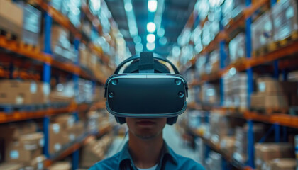 A woman wearing a VR headset stands in a warehouse by AI generated image
