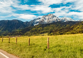 Alpine spring view with Mount Hochstaufen in the background near Anger, Berchtesgadener Land, Bavaria, Germany