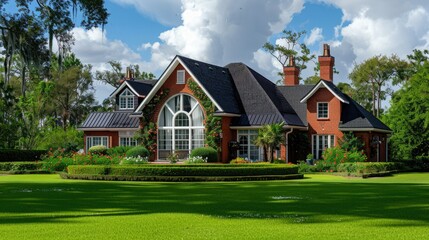 Landscaped house in a small town with a red brick facade, black tile roof. The house has large windows and is surrounded by lush green grass, flowers, shrubs and trees.