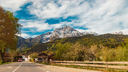 Alpine spring view with Mount Hochstaufen in the background near Anger, Berchtesgadener Land, Bavaria, Germany