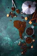 Grounded coffee and beans from South America