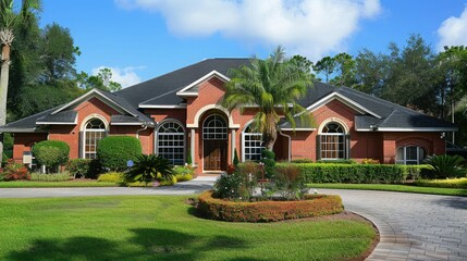 Landscaped house in a small town with a red brick facade, black tile roof. The house has large windows and is surrounded by lush green grass, flowers, shrubs and trees.